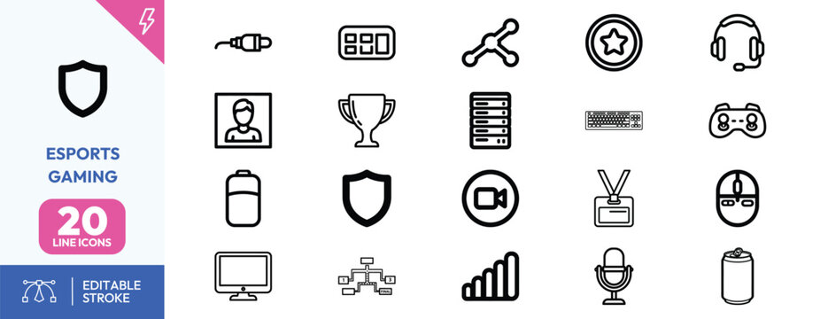 Esports Gaming icon set. Containing headset, trophy, monitor, controller, and more. Editable stroke. Vector illustration.