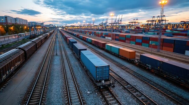 Intermodal freight yard with cargo trains and containers at dusk, transportation and logistics hub