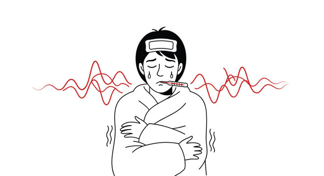 Sick man shivering under a blanket with a fever patch on his forehead and a thermometer in his mouth during a cold or flu.