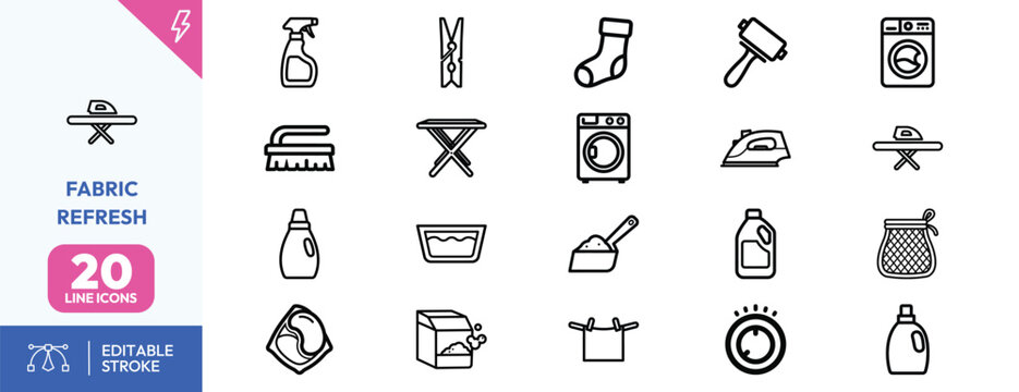 Fabric Refresh icon set. Containing cleaning tools and laundry essentials. Editable stroke. Vector illustration.