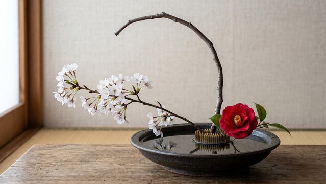 Japanese ikebana minimalist flower arrangement with bare branch cherry blossom and red camellia in dark kenzan dish with water reflection