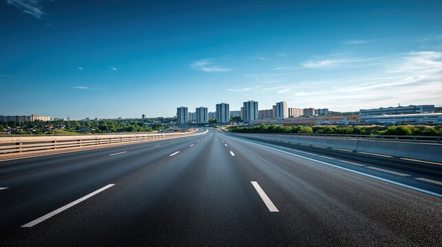 Empty highway vanishing into a distant cityscape under a clear blue sky, symbolizing travel and progress.
