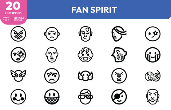 Fan Spirit icon set. Containing emotions, faces, celebration, excitement, enthusiasm, and more. Editable stroke. Vector illustration.