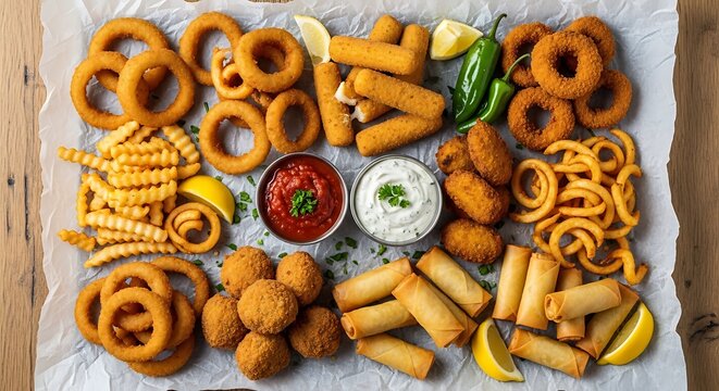 Assorted fried appetizer platter with onion rings fries and dipping sauces