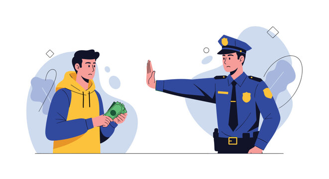 Honest police officer in blue uniform uses a hand gesture to refuse a bribe of cash offered by a young man in a yellow and blue hoodie.
