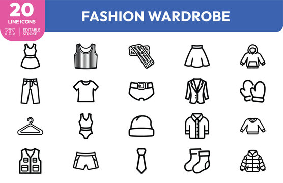 Fashion Wardrobe icon set. Containing various clothing items and accessories. Editable stroke. Vector illustration.