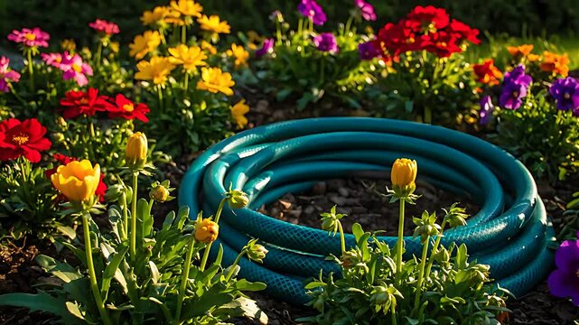 Coiled blue garden hose in a vibrant flower bed. Sunny backyard scene with yellow, red, and purple blossoms around watering tools. Garden maintenance concept, ideal for home improvement advertising.