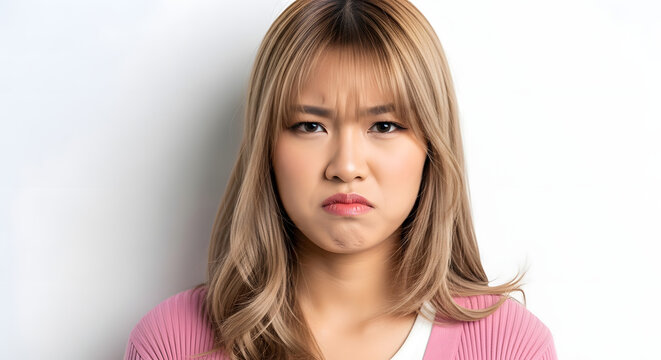Displeased Young Woman: A young woman with blonde hair, wearing a pink top, expresses dissatisfaction with a frown and furrowed brow, her eyes conveying a strong negative emotion.