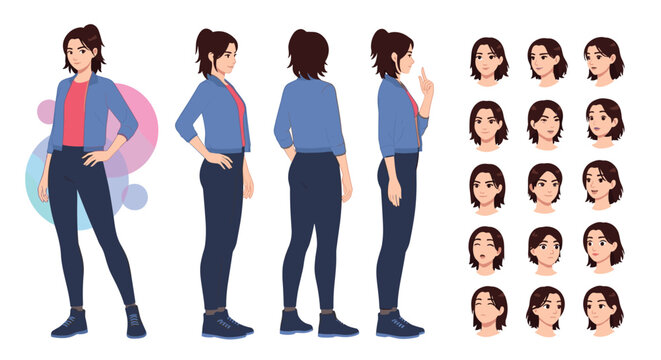 Detailed character sheet of a young woman in a blue jacket showing various poses from different angles and several facial expressions.