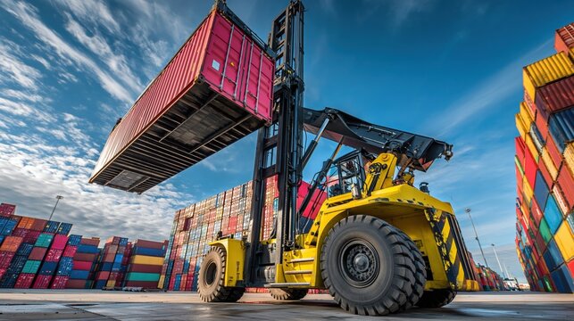 Yellow Forklift Lifting Shipping Container in Busy Port Under Dramatic Sky