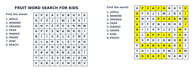 Kids fruit word search printable learning worksheet. Fun vector language activity created for healthy food recognition and early spelling development. © Valentina Sorokina