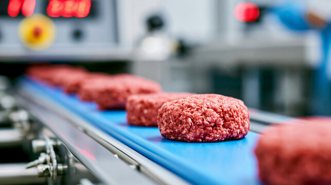 Hamburger patties progress down a blue conveyor belt within a sterile food processing area.