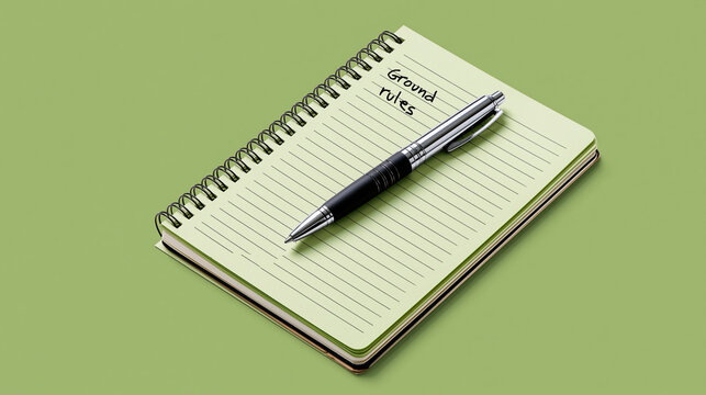 Spiral notebook featuring written ground rules waits on a green surface for the workshop.