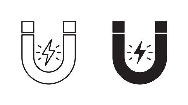 Magnet icons with lightning strike symbol, electric attraction concept for energy power graphic design