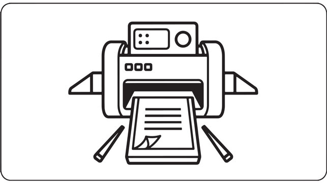 Printer machine line icon with paper feed, cartridge module, and control panel for office document printing concept