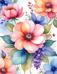 A colorful floral arrangement with pink, blue, and purple flowers
