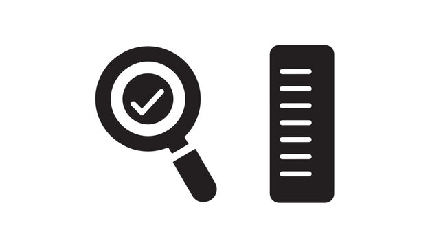 Magnifying glass with checkmark next to list icon on white background featuring search, verification, approval with checklist and task completion