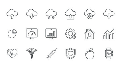 Fototapeta premium Collection of minimal outline cloud computing and medical health technology icons set for digital interface design projects isolated on white background depicting modern data management solutions