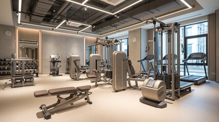 Fototapeta premium Modern Luxury Gym Interior with State-of-the-Art Exercise Equipment and Natural Light