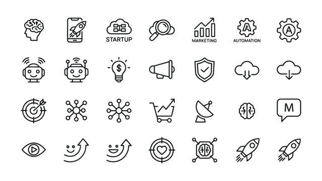 Corporate automation marketing and artificial intelligence thin line icon set featuring smart robot technology data analytics cloud computing server management and strategic business goal achievement