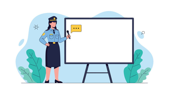 Professional female police officer in uniform holds a microphone and stands next to a large blank whiteboard for a presentation.