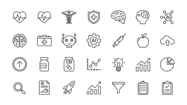 Medical healthcare and artificial intelligence technology outline icon set featuring diagnostic symbols health tracking medical records neural analysis and cloud based data management solutions