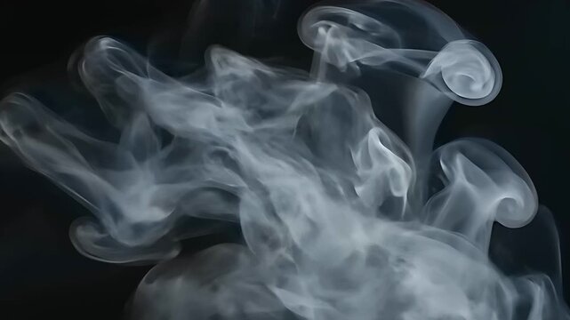 White smoke swirls against a dark black background. Thick wisps of vapor create elegant, ethereal patterns and abstract shapes. Mysterious atmosphere ideal for overlays and cinematic design.