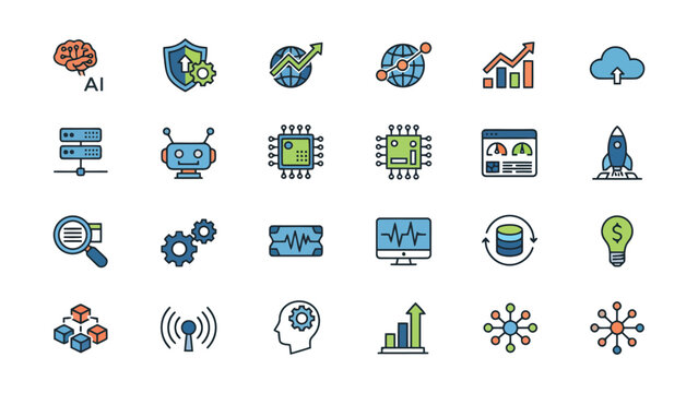 Artificial intelligence and cloud computing color line icons set featuring server infrastructure machine learning data analytics and smart technology solutions for modern software applications