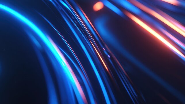 Abstract stream of glowing blue and orange light trails flows through darkness