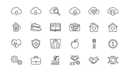Obraz premium Health and wellness line icons set featuring fitness medical and home care symbols for lifestyle apps and healthy living websites on clean background