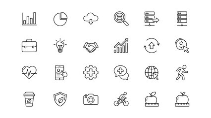 Fototapeta premium Versatile collection of line art business and health icons featuring productivity metrics cloud services and wellness symbols in professional vector design style for modern mobile and web projects