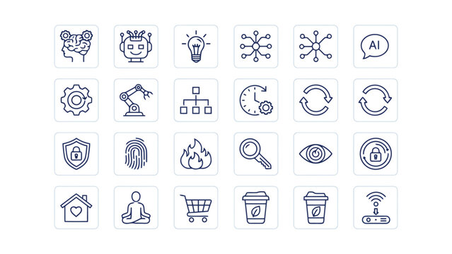 Modern artificial intelligence and digital technology line icons set with soft rounded squares for user interface and mobile application development