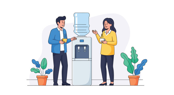 Male and female colleagues having a friendly conversation while taking a break at the office water cooler with coffee mugs.