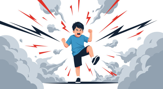 Angry young boy stomping his feet and shouting during a temper tantrum with thunderbolts and smoke effects around him.