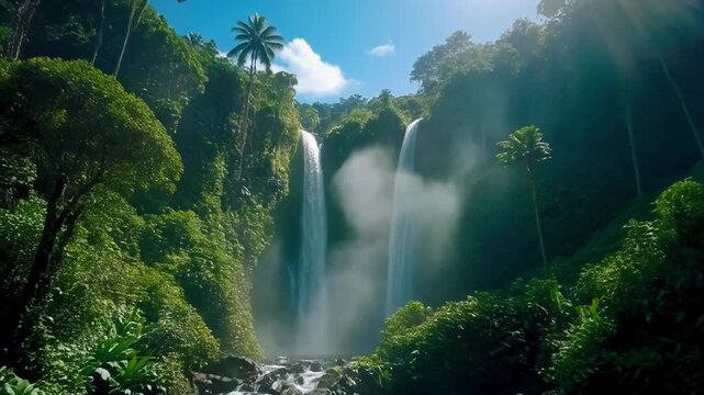 Exotic twin waterfalls in a verdant rainforest tropical