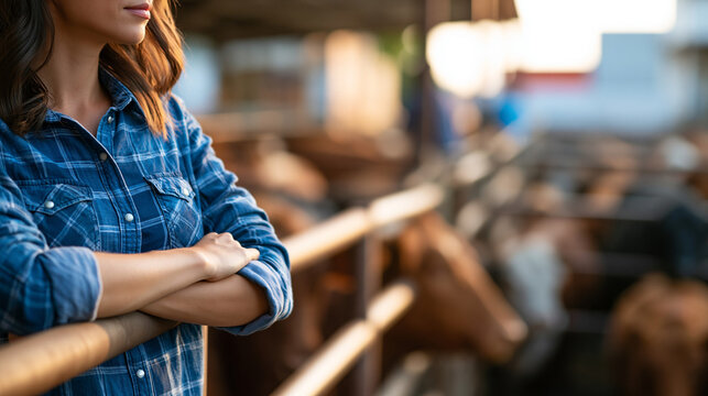 Female farmer standing by a cattle pen on a ranch observing cows in a metal enclosure, livestock farming and rural agriculture concept, faceless, face not clearly visible from