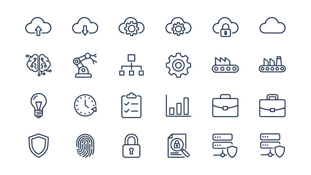 Technical line icon collection for cloud security artificial intelligence and manufacturing automation processes isolated on white background