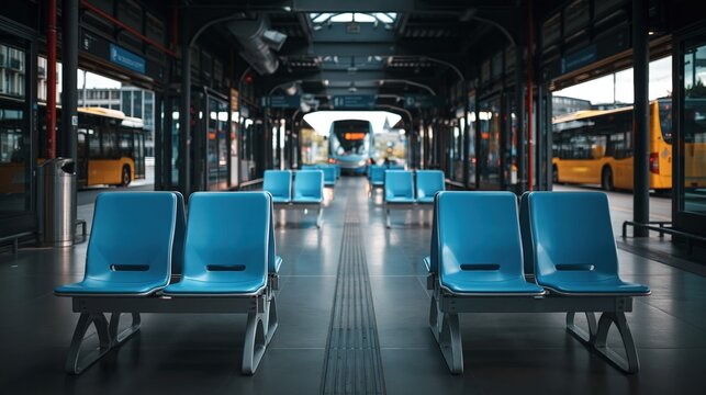 Modern Public Transportation Hub with Blue Seating and Buses in the Background