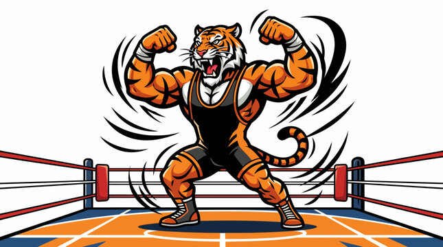 Muscular tiger wrestler flexing in a sports ring