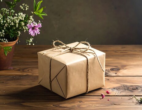 A wrapped gift box on a wooden table with flowers