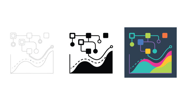 Business process workflow icons featuring square nodes and path mapping over trend graphs in three styles for strategic planning and project management software development and user interface