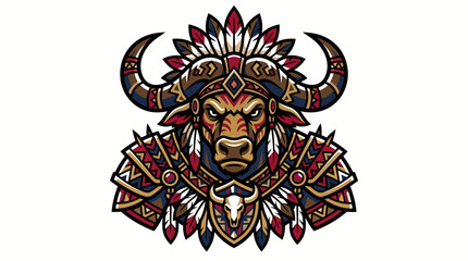 Fototapeta premium Fierce tribal bull warrior mascot with feathered headdress