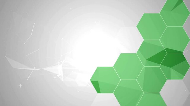 Green hexagonal abstract background, geometric plexus motion graphics, futuristic medical technology animation with white copy space