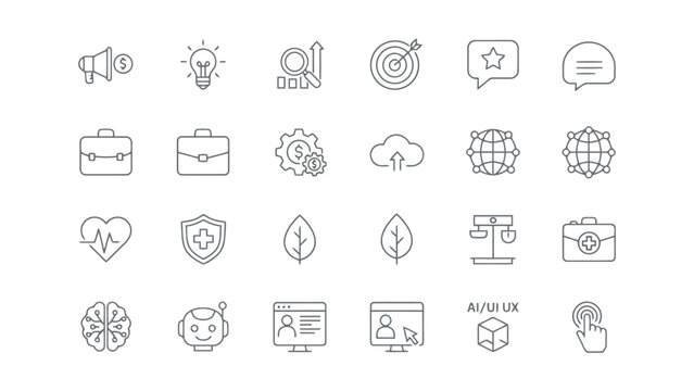 Modern professional line icon set for AI and UI/UX design featuring digital business and healthcare symbols for corporate presentations and technical documentation of software development projects