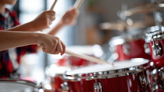 Close-up of a person's hands playing a red drum kit with drumsticks, focusing on rhythm and musical performance