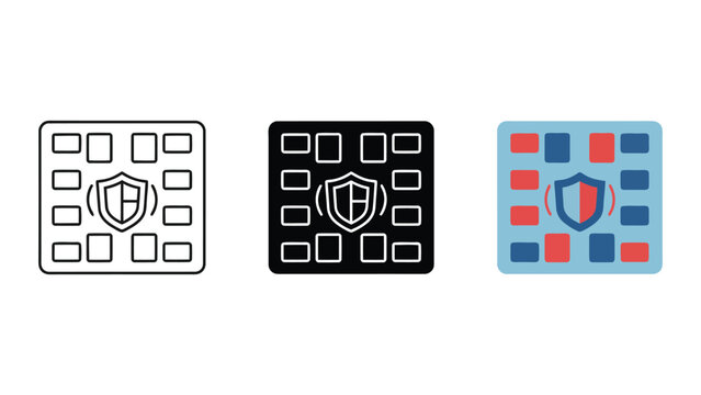 Grid of squares with a central shield icon indicating digital security management and data integrity within a system