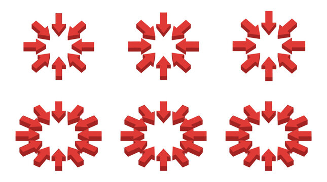 Red isometric arrows arranged in circular patterns pointing toward the center of the graphic design elements