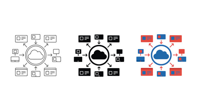 Cloud computing network diagram with central cloud icon connected to various devices and documents illustrating data storage synchronization and distributed systems
