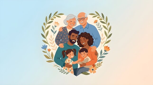 Global Day of Parents Vector Illustration of Happy Multi Generational Family Framed in Heart Shape