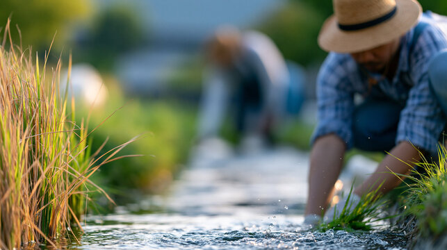 Farmers cleaning an irrigation water canal, rural infrastructure maintenance and clean water management concept, faceless, faces not clearly visible from angle, defocused